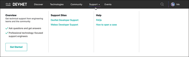 The DevNet Support web page is shown.