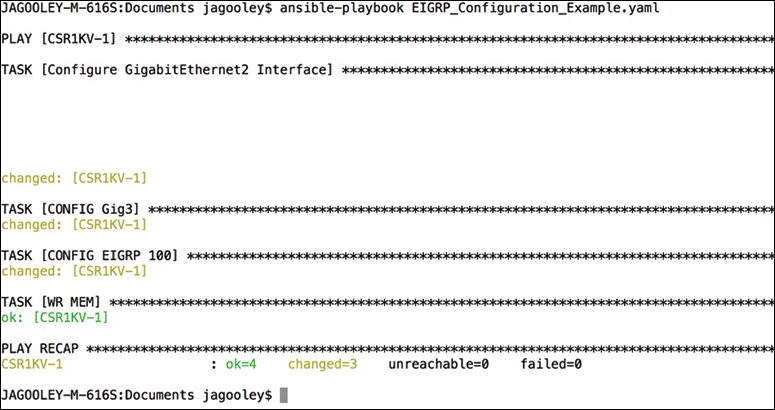 A screenshot is shown for the EIGRP_Configuration_Example.yaml playbook is shown. Following command is mentioned on the screen: JAGOOLEY-M-616S: Documents jagooley dollar symbol ansible-playbook EIGRP_Configuration_Example.yaml.