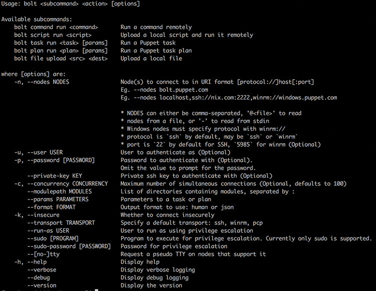 A screenshot shows the puppet bolt command line. The following command script is mentioned on the screen: "Usage: bolt <subcommand> <action> [options]. A few subcommands are mentioned below.