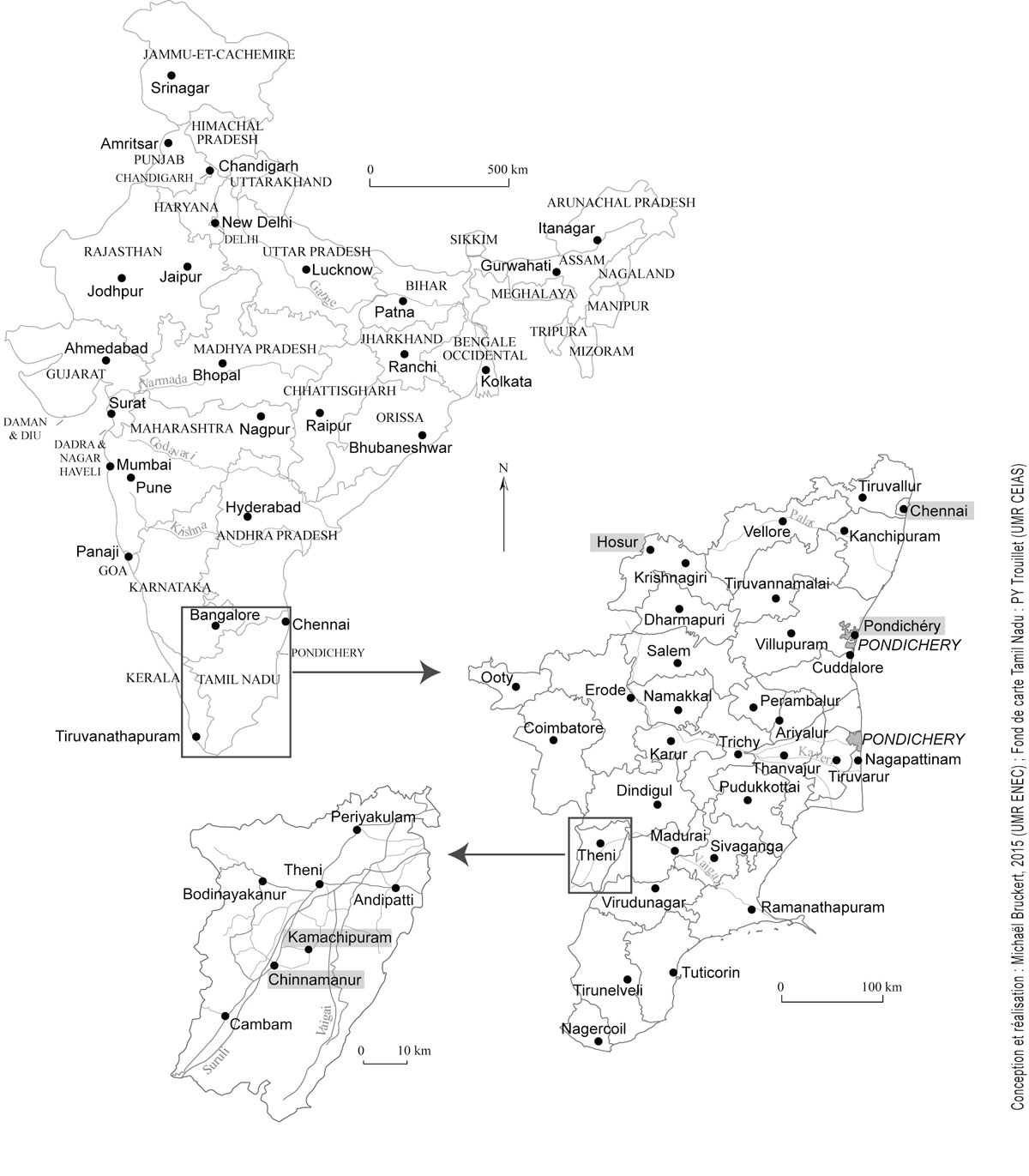  Inde, Tamil Nadu et district de Theni avec localisation du terrain d’enquête.