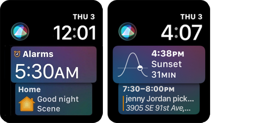 Figure 8: The Siri watch face lets you invoke Siri with one tap and displays information based on what it anticipates you might need.