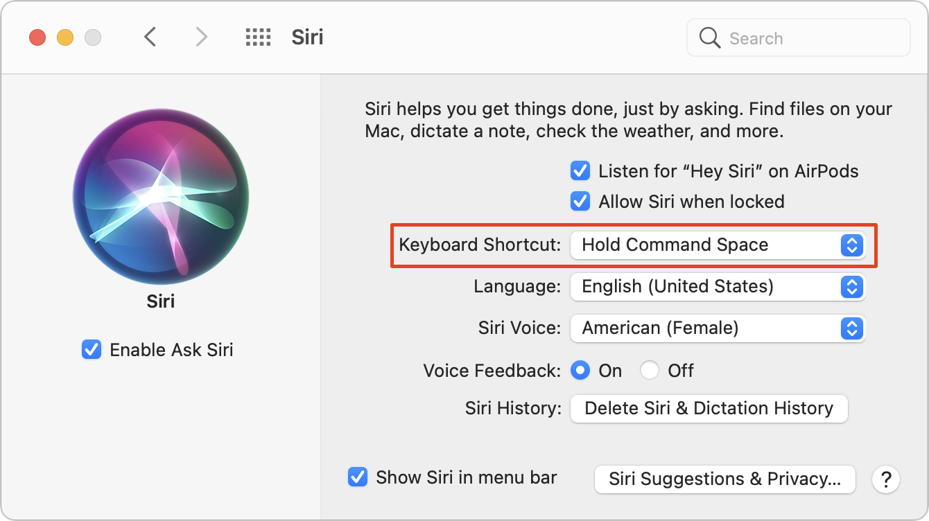 Figure 11: Go to Siri’s System Preferences pane on your Mac to change or customize Siri’s shortcut (boxed) and more.