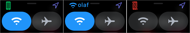 Figure 2: Icons at the top left of the Control Center let you know if your watch is connected to the internet through a paired iPhone (left), through Wi-Fi (middle), or if there’s no connection at all (right). If you’re connected via cellular, the cellular icon highlights and green dots indicate signal strength.