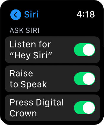 Figure 15: The Apple Watch (series 3 or later) gives you two options for activating Siri without having to press and hold the Digital Crown.