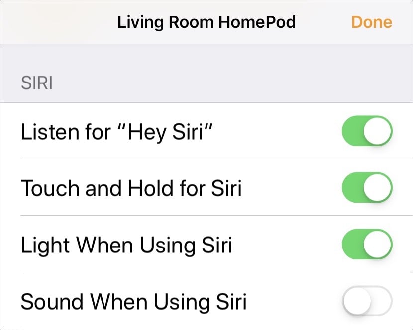 Figure 16: Voice activation is on by default for the HomePod. Turn it off or make adjustments to other Siri settings in the Home app on your iPad or iOS device (shown here) or Mac.