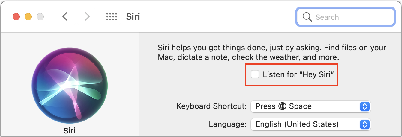 Figure 17: If you have a Mac that supports Siri voice activation (MacBook Air shown here), an option to enable “Hey Siri” appears in System Preferences (boxed).