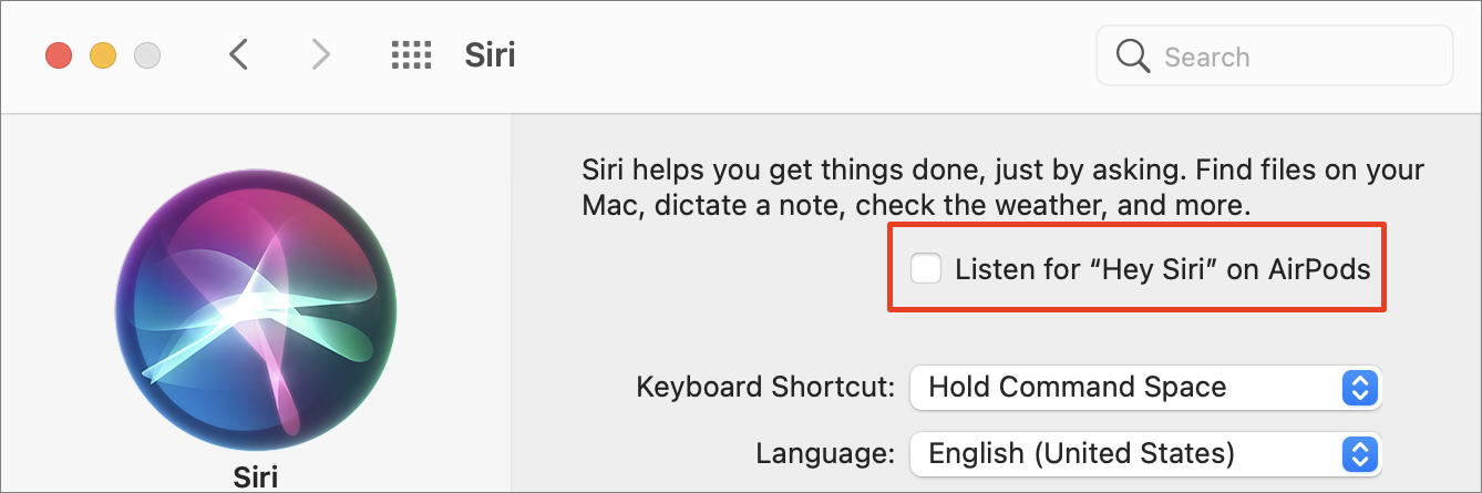 Figure 18: If you use AirPods with your Mac, access “Hey Siri” through them—even if the Mac itself doesn’t support the feature.