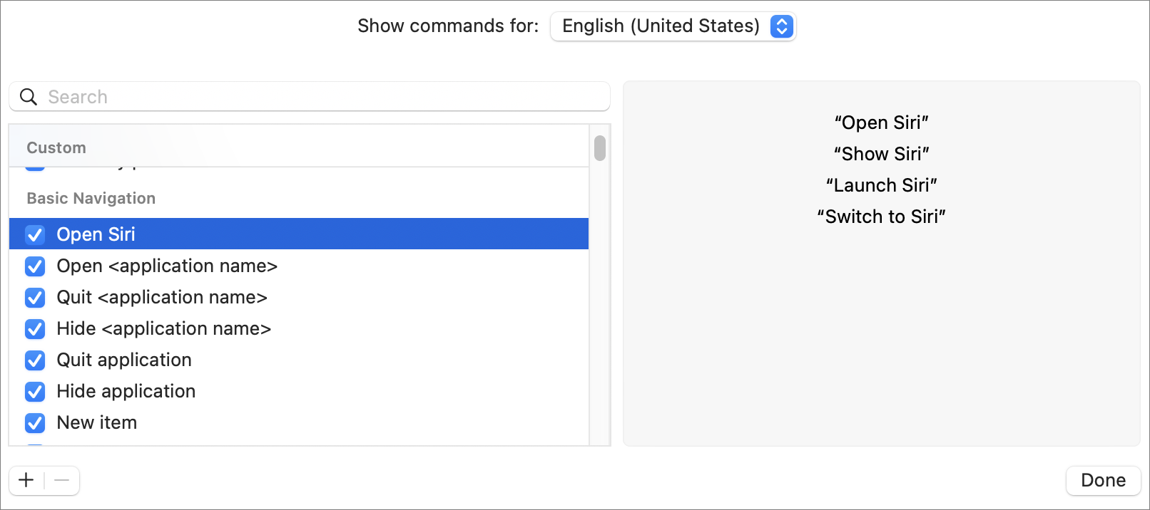 Figure 19: Make sure the “Open Siri” command is selected.