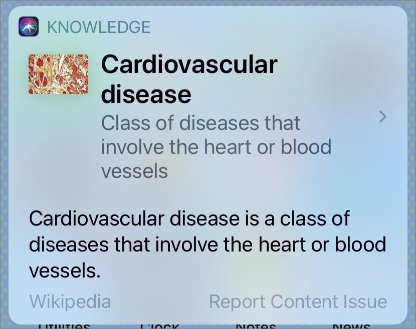 Figure 30: Siri can give a basic overview, based on Wikipedia, of diseases both common and rare.