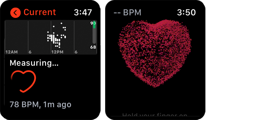 Figure 32: Ask Siri on the Apple Watch “What’s my pulse?” and it checks (left). Tell it to “Take an ECG” and it begins the scan (right).