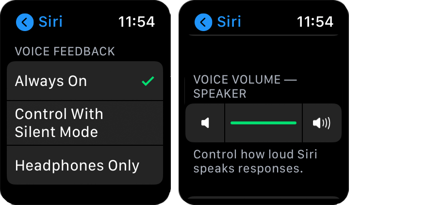 Figure 5: In Settings, choose how Siri responds to you and adjust its volume.