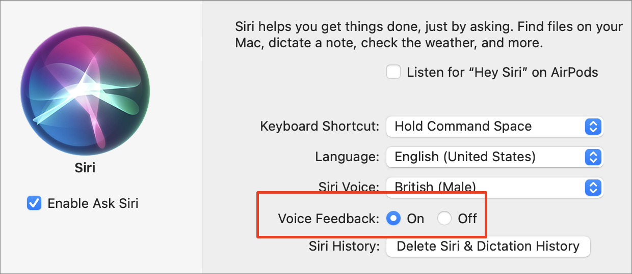 Figure 6: Your Mac doesn’t offer much in the way of fine-tuning for Siri feedback. It’s either on or off (boxed).