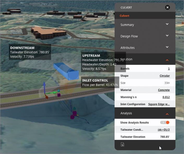 Screenshot of a culvert where a design road crosses a stream, with key values like elevation, velocity, depth and flows. A culvert asset card is at the right side of the image.