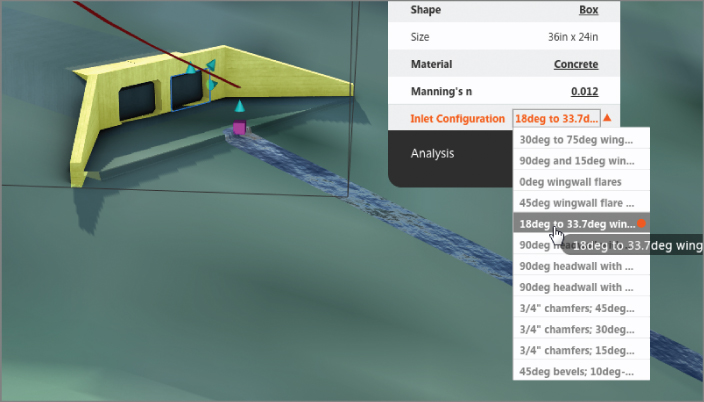 Screenshot of a culvert, with an asset card highlighting Inlet Configuration with a drop-down list highlighting 18deg to 33.7deg wingwall flare.