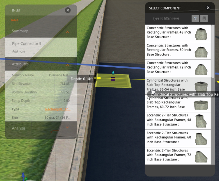 Similar image in figure 1.13 with different asset cards on each side: inlet asset card with selected rectangular frame (left) and structures for manhole with rectangular frames (right).