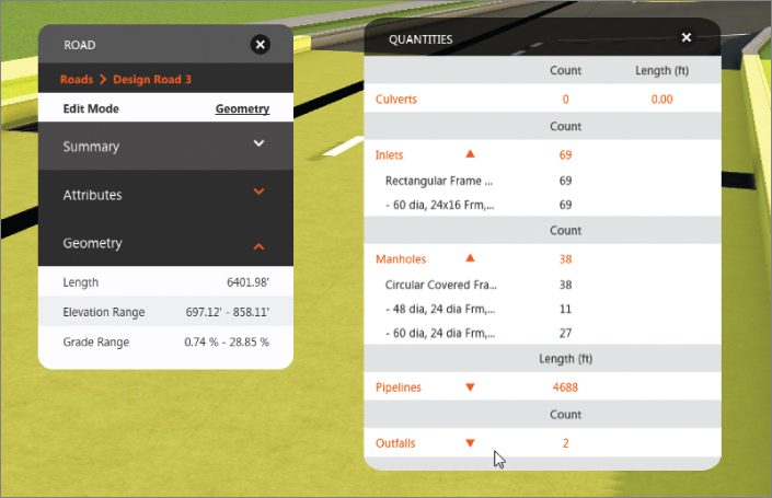 Screenshot of two asset cards: road asset card (left) and asset card of drainage quantities for a road.