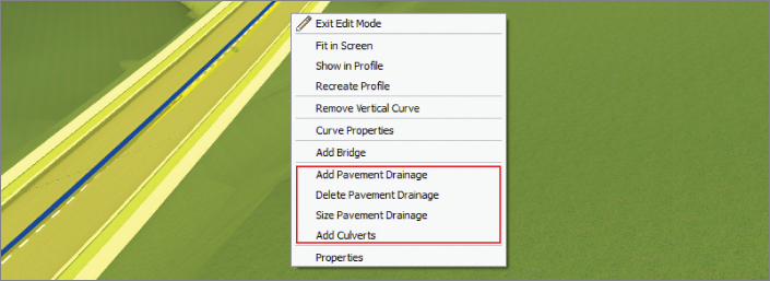 Screenshot of a road with a right-click menu containing additional drainage commands inside a box.