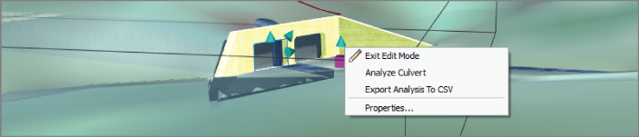 Screenshot of a wingwall flare culvert with a right-click menu for culverts with selections such as exit edit mode, analyze culvert, export analysis to CSV, and properties.