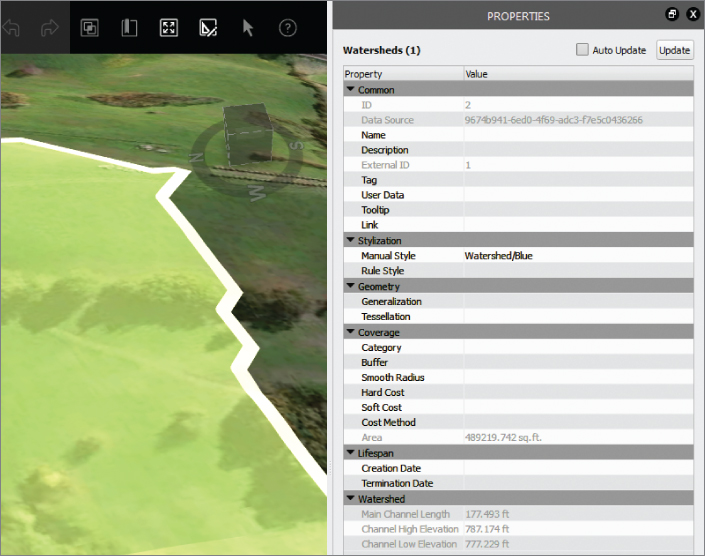 Screenshot of a watershed with ViewCube (left) and watershed properties asset card containing categories such as common, stylization, geometry, coverage, lifespan, and watershed (right).