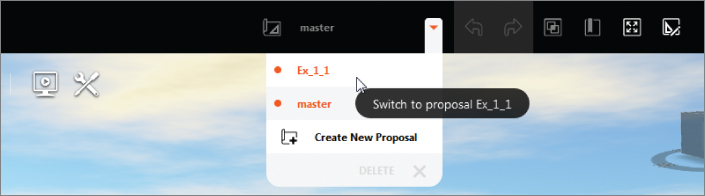 Screenshot of the user interface displaying the Proposals' drop-down list on the Utility bar. The cursor points the proposal titled Ex_1_1 labeled switch to proposal Ex_1_1.