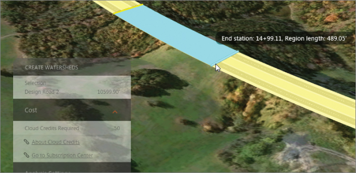 Screenshot of the defined region on a design road for watershed analysis with end station and region length measurements alongside. The asset card for Create Watersheds is open at the lower left corner.