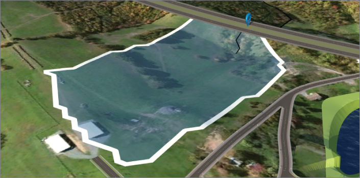 Screenshot of portion of Bimsville Bypass displaying the single watershed generated by the analysis.