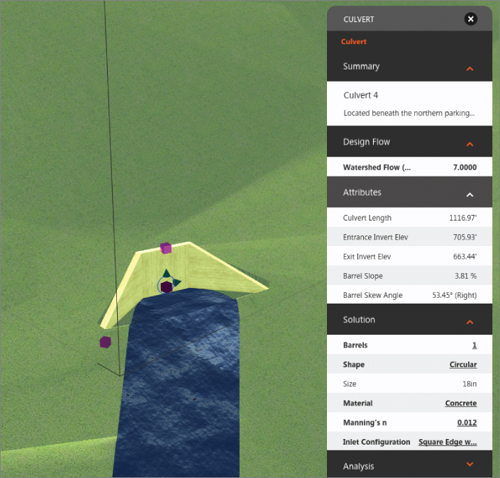 Screenshot of culvert project (left) and culvert asset card (right) with the summary, design flow, attributes, and solution, which options barrels, shape, size, material, manning's N, and Intel configuration.