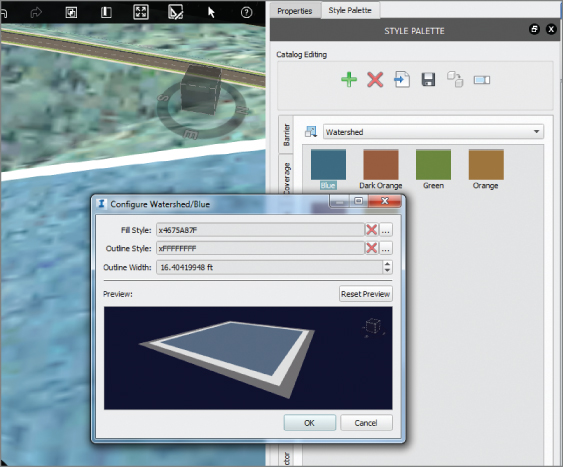 Screenshot of the interface displaying the Style Palette and Configure Watershed dialog boxes.