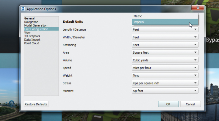 Screenshot of the Application Options dialog box presenting options for Unit Configuration tab. Cursor points to Imperial option for Default Units field.