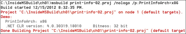 The result when building Print-info-02.proj and specifying an x64 architecture.