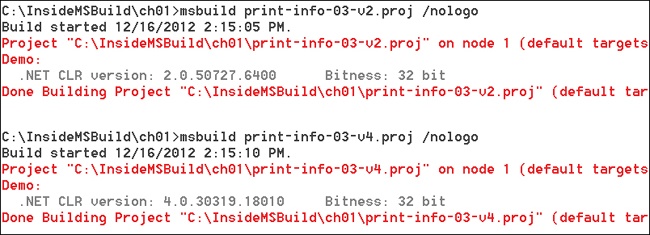 The result showing the PrintInfo task loaded under CLR 2.0 and then CLR 4.0.