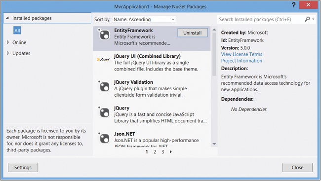 The Manage NuGet Packages dialog box.