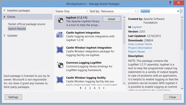 The search results for “log4net” in the Manage NuGet Packages dialog box.