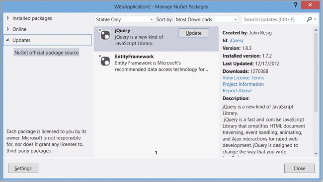 The Updates tab of the Manage NuGet Packages dialog box.