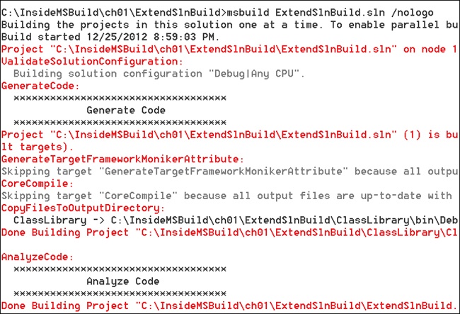 The result of building ExtendSlnBuild.sln using Msbuild.exe.