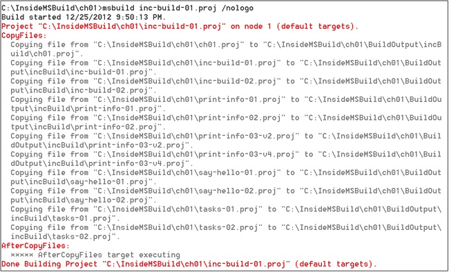 The result of building Inc-build-01.proj when the BuildOutput\IncBuild folder is empty.