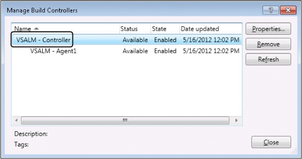 The Manage Build Controllers dialog box showing the controller name.