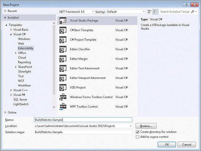 The New Project dialog box for a Visual Studio Package.