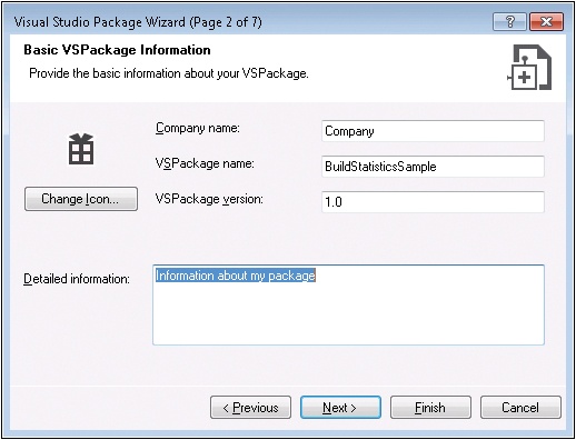 The Basic VSPackage Information page of the Visual Studio Package Wizard.