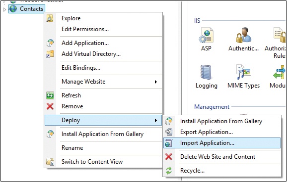 The Import Application option is the IIS Manager.