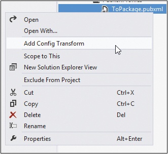 The Add Config Transform menu option for publish profiles.