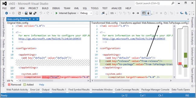 A Web.config transform preview.