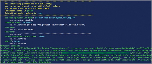 PackageWeb prompts for the Web Deploy settings.