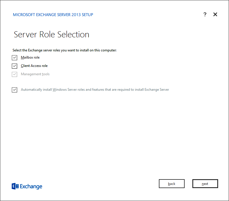 A screen shot of the Server Role Selection options displayed by the Exchange Setup program. In this case, both the Mailbox and Client Access roles have been selected. The check box to instruct Setup to install necessary prerequisites is also set.