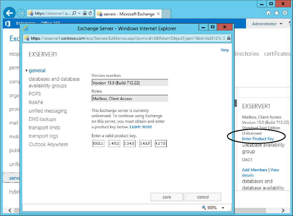 A screen shot of the Exchange Administration Center showing the properties of a server (ExServer1). The general properties are displayed, showing that the server is currently unlicensed. A valid 25-character product key is being entered.