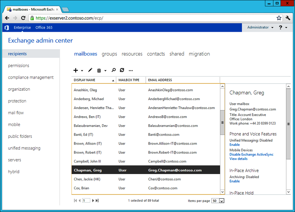 A screen shot of the Exchange 2013 Administration Center (EAC) positioned in the Recipients section with a set of mailboxes listed.