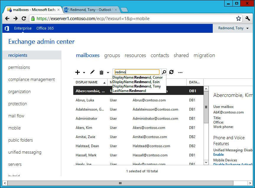 EAC includes a search box so administrators can scan for recipients that match certain patterns. In this case, you’re looking for users whose display name or last name matches Redmo.D