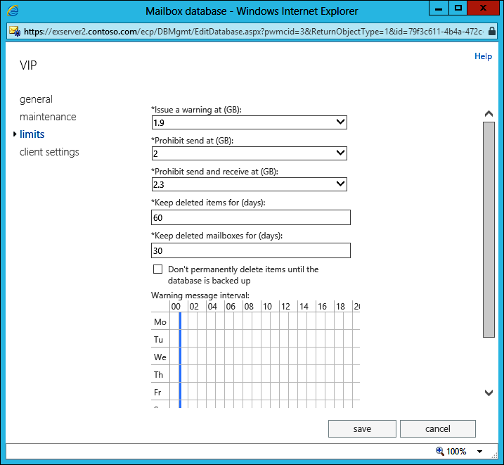 A screen shot showing the Limits properties of a mailbox database. The default quotas mailboxes inherit from the database are displayed, such as the 2.3 GB prohibit send and receive quota.