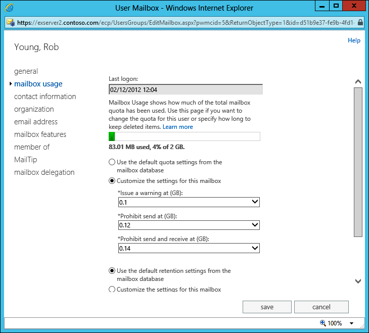 A screen shot of the Mailbox Usage properties page for a mailbox, which is where you can customize the quota settings for the mailbox. In this case, the mailbox has been restricted to a total quota of 0.14 GB.