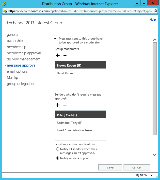 A screen shot from EAC showing that the message approval properties of a group have been set to force moderation for any message sent to the group. Two users have been nominated as moderators and three (including a group) whose messages will not be moderated.